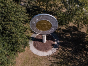 Drone view of giant toonie monument in Campbellford