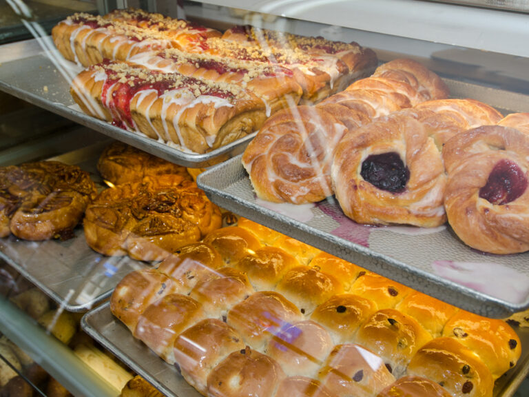A display case full of baked goods at Dooher's Bakery