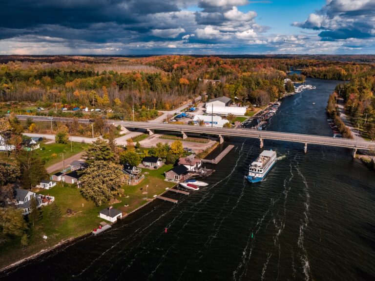 Aerial view of Rosedale with waterway on the right