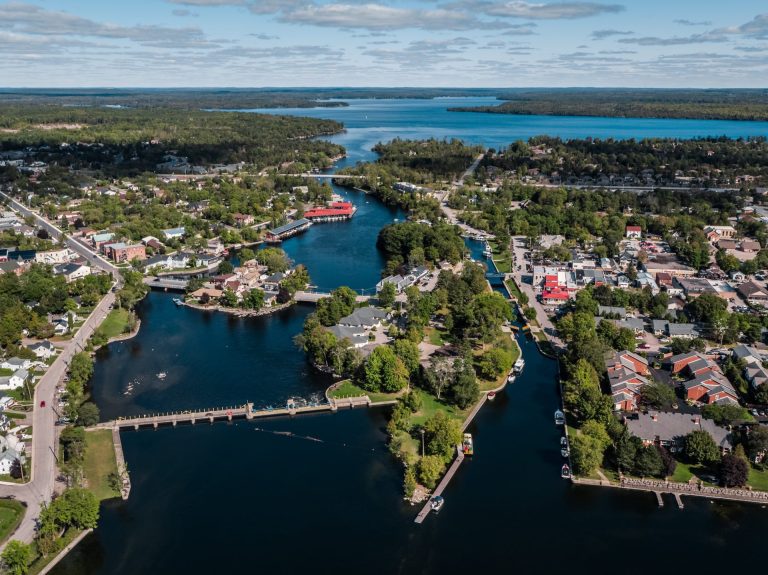Aerial view of town of Bobcaygeon, showing series of land spits linked by bridges