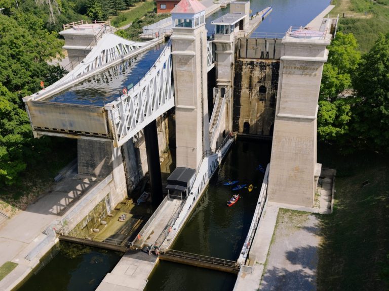 Aerial view of Peterborough lift lock, looking upriver