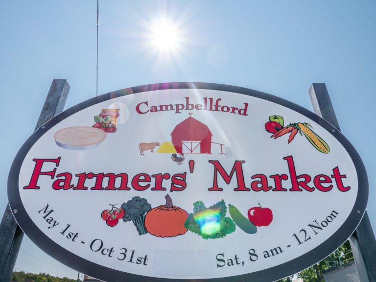 The sun flares behind a sign reading Campbellford Farmers' Market