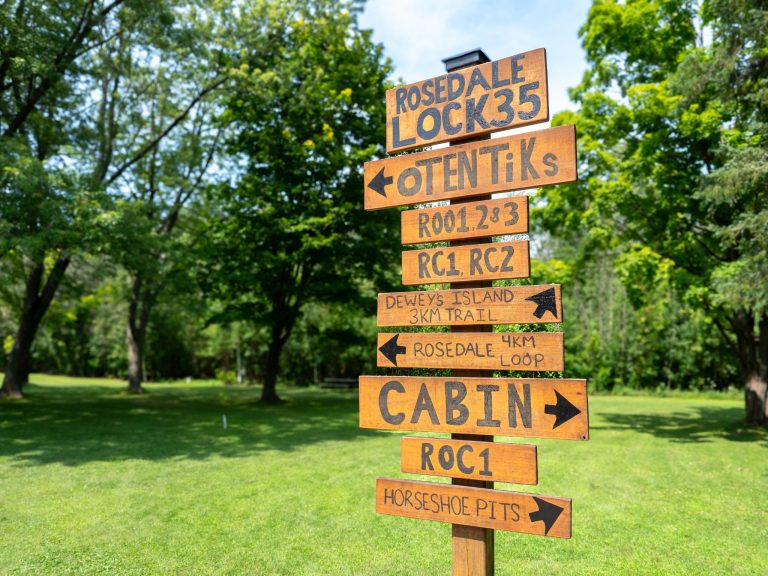 Hand-painted wooden sign pointing towards a variety of attractions at Rosedale Lock 35, with green grass behind