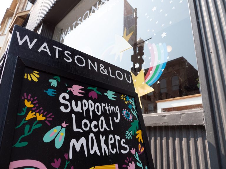 Sign reading Watson & Lou — Supporting Local Makers