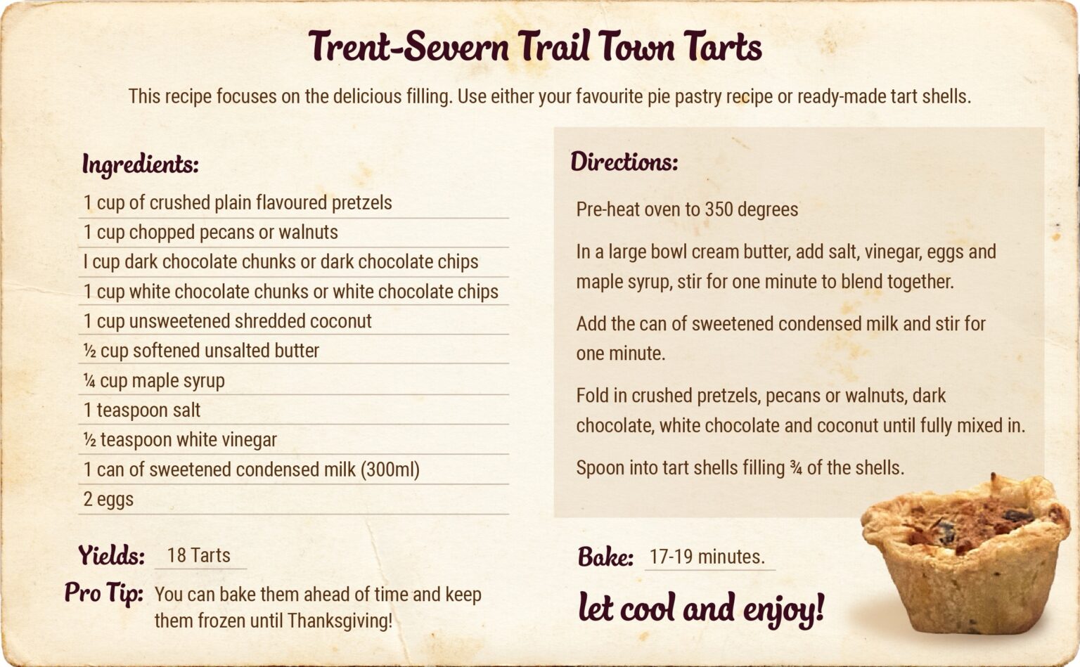 Recipe card for Trent-Severn Trail Town tarts, aged to look well-used